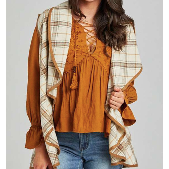 NWT Altar'd State Neutral Wool Blend Waterfall Beige Plaid Vest Size: Small - Picture 1 of 13